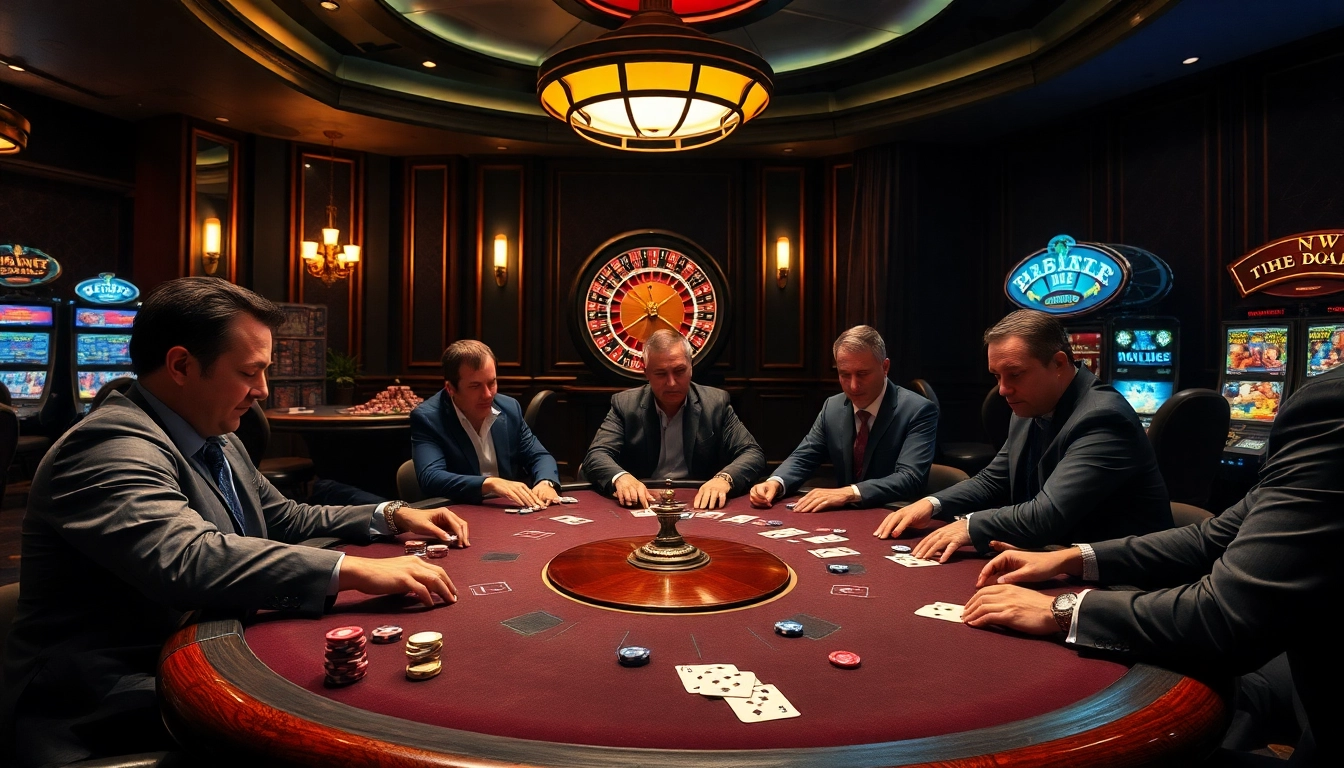 Players engaging in high-stakes poker at a luxurious casino table featuring 789p elements.