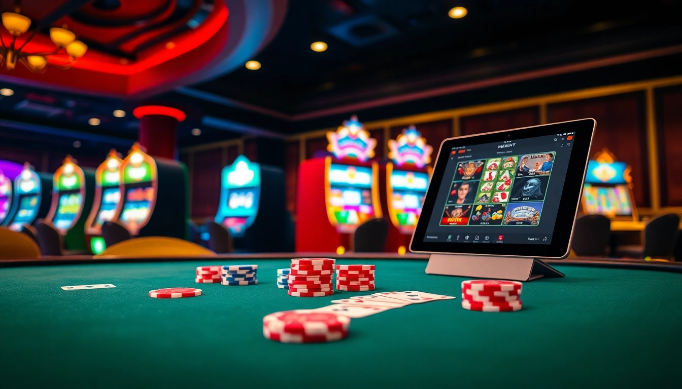 Gameplay excitement at https://kubet77i.ink/ with vibrant poker chips and slot machines.