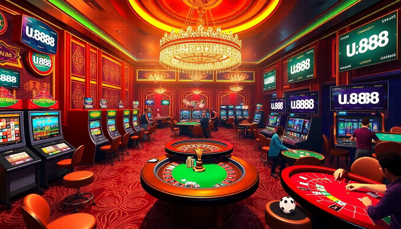 Exciting casino scene with players at tables, featuring u 888 gaming action.