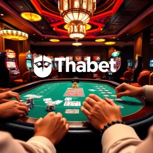 Thabet casino scene with players enjoying table games, showcasing excitement and luxury in gaming.