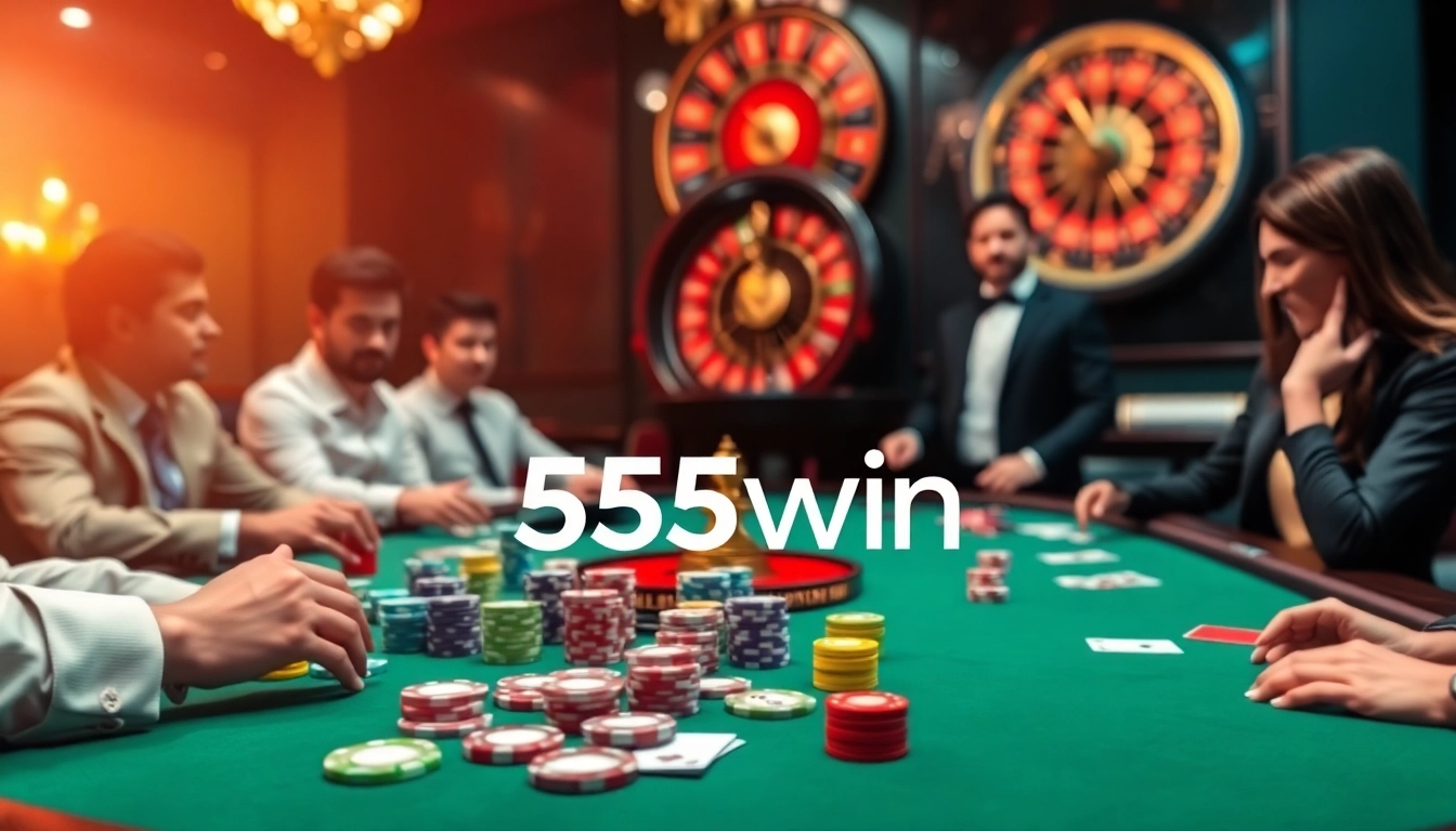 Players strategizing at a poker table in an upscale casino featuring 555win branding.
