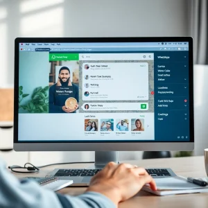 突出显示快连VPN功能的交互式 WhatsApp Web 界面，适用于现代工作场景。