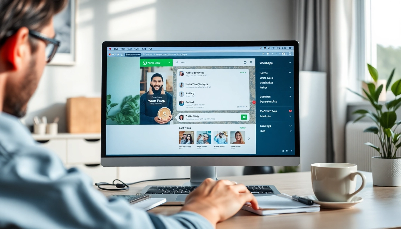 突出显示快连VPN功能的交互式 WhatsApp Web 界面，适用于现代工作场景。