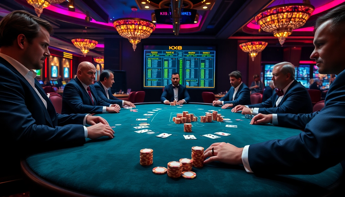 Players strategizing in a high-stakes poker game with KX8 betting interface illuminated.