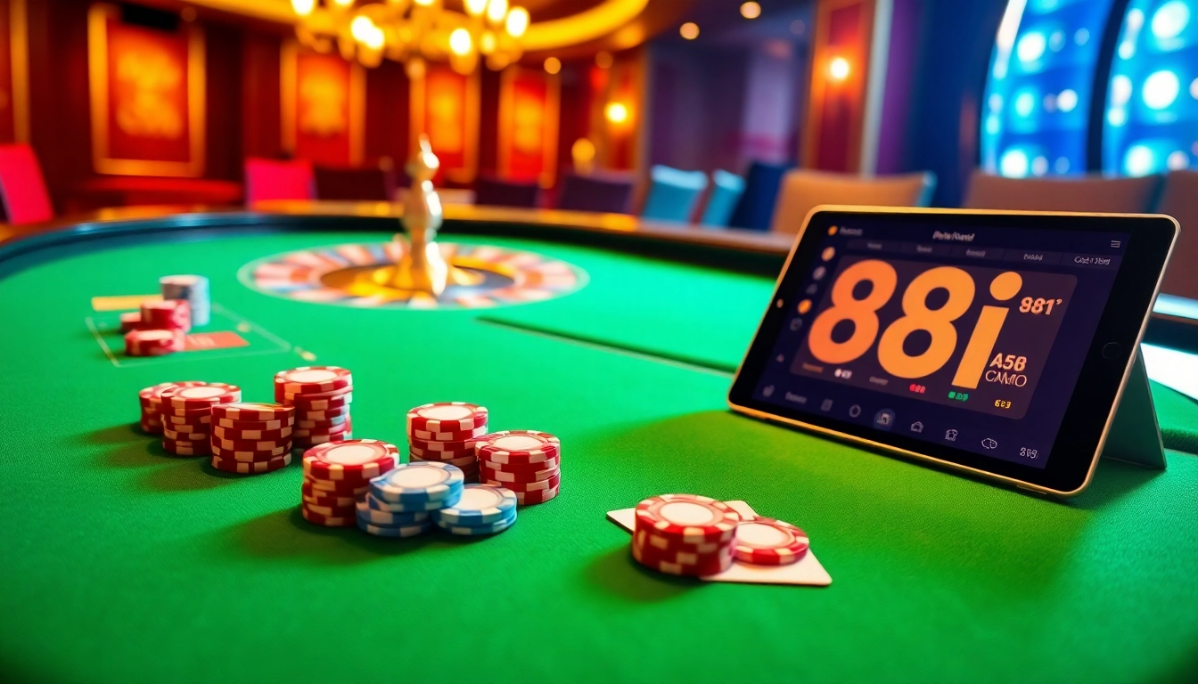 High-stakes gamblers playing at the 88i poker table with vibrant chips and cards.