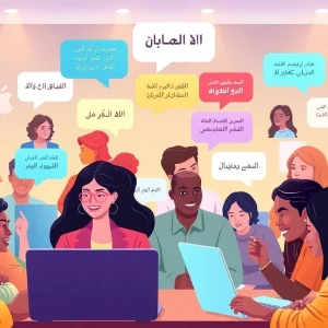 مشهد غرفة دردشة عبر الإنترنت جذاب يمثل شات دردشتي مع مستخدمين متنوعين يتواصلون اجتماعيًا.