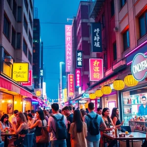 OnlyFans search with location filter depicted in a bustling urban nightlife scene.