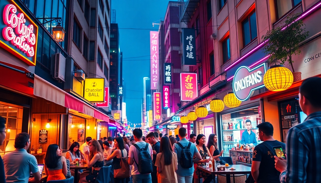 OnlyFans search with location filter depicted in a bustling urban nightlife scene.