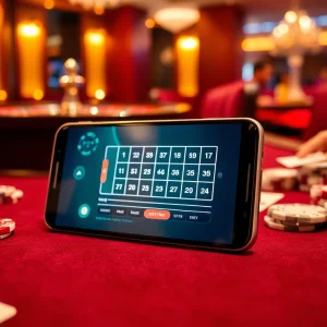S8 smartphone enhances the online gambling experience amid luxurious casino atmosphere.