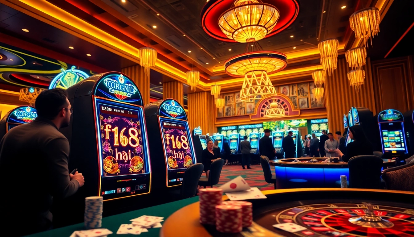 Exciting casino atmosphere showcasing f168 nổ hũ slot machines and vibrant gambling action.