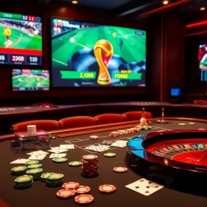 Bet on แทงบอลโลก at a luxurious casino table with vibrant chips and live sports screens.
