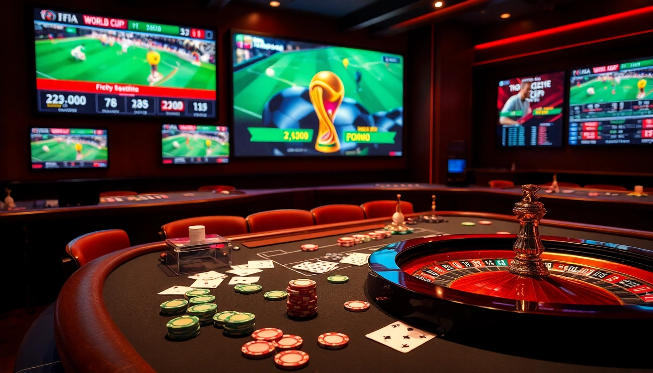 Bet on แทงบอลโลก at a luxurious casino table with vibrant chips and live sports screens.