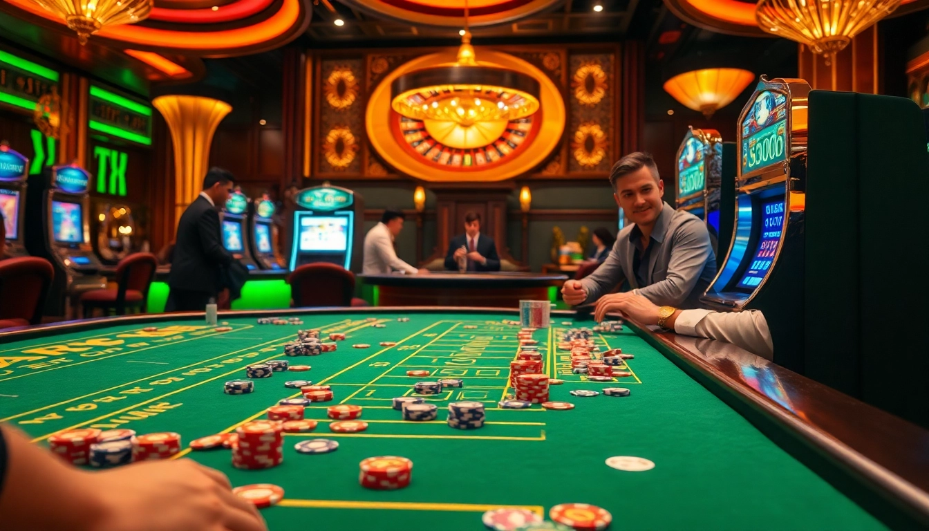 Excitement at Hit Club with players betting at casino tables, vibrant slot machines, and roulette.